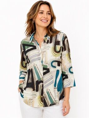 Chico’s No Iron Linen Shirt Size 0.5 / US 6 Abstract Print Button Front
